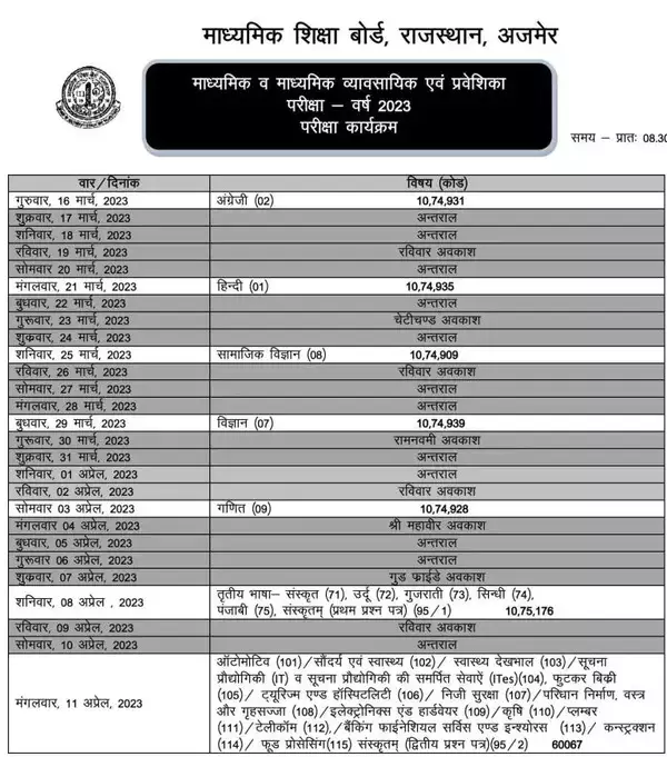 rbse 10th time table 2023 »